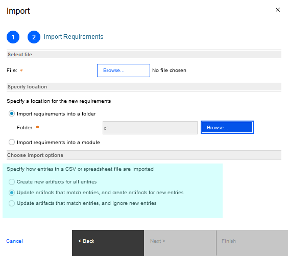 You can select a file to import, specify the location and choose import options